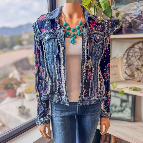 Adore Distressed Denim Jacket w/ Sheer Floral Accents & Sleeves, Women's Medium - Picture 1 of 11